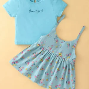 CUCUMBER Sinker Knit Frock with Half Sleeves Inner T-Shirt with Unicorn Print - Light Blue