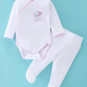 I Bears Cotton Interlock Knit Full Sleeves Onesie with Leggings Bear Print - White