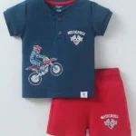 CUCUMBER Cotton Knit Half Sleeves T-Shirt & Shorts Set With Sports Theme Print - Royal Blue & Red
