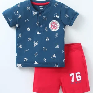 CUCUMBER Cotton Knit Half Sleeves T-Shirt & Shorts Set With Sports Theme Print - Royal Blue & Red