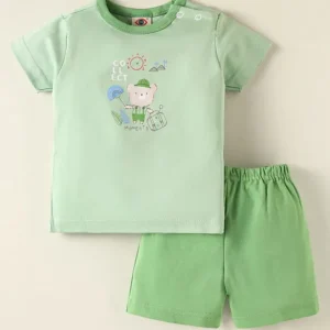 Zero Sinker Knit Half Sleeves T-Shirt & Striped Shorts Set With Animal Print - Light Green