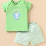 Zero Sinker Knit Half Sleeves T-Shirt & Striped Shorts Set With Animal Print - Light Green