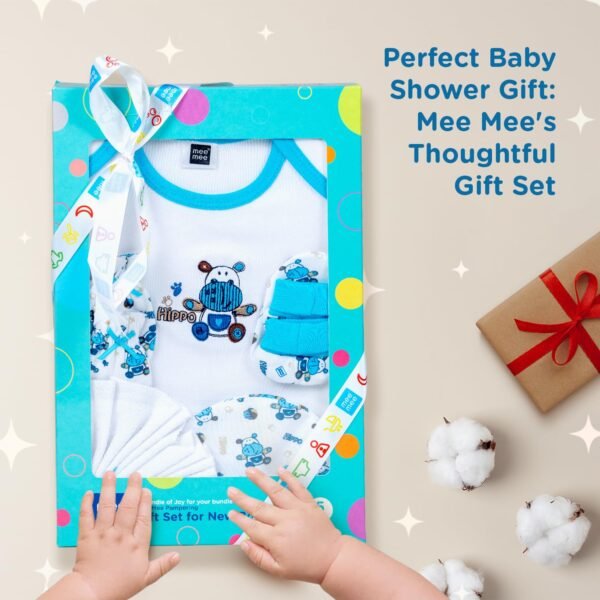 Mee Mee New Born Baby Gift Set | Soft Cotton Clothing Essentials for Infants/Baby Girls, Boys | Baby Shower Clothing Hamper (5 Pieces, Blue)| Ideal Gift for New Born Baby